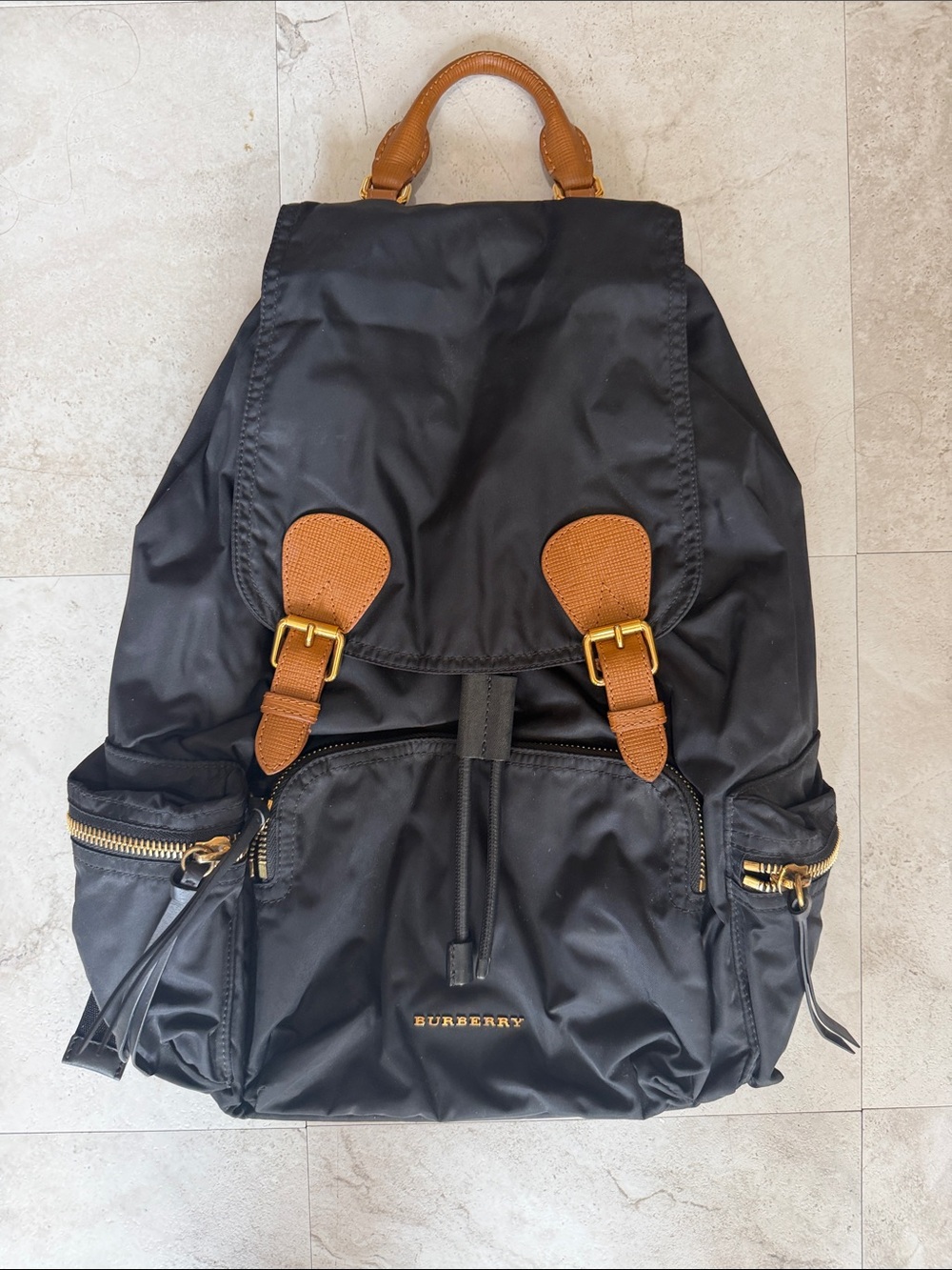 Burberry Black Nylon Backpack with Brown Leather Accents